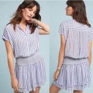 Rails Angelina Striped Tunic Tiered Mini Dress Linen Blend Smocked Waist Popover